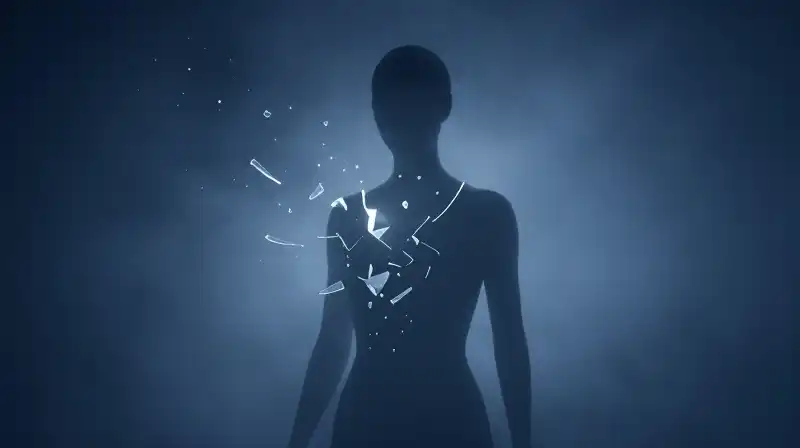 A fractured human silhouette floats amidst scattered glass shards