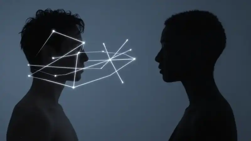 Glowing geometric lines split between a mirrored ego and shadow