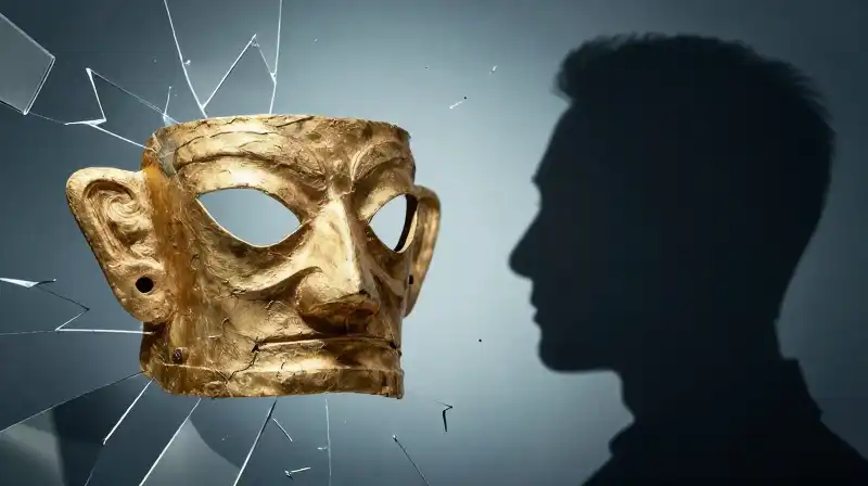 A golden mask and shadowed profile split by mirror shards