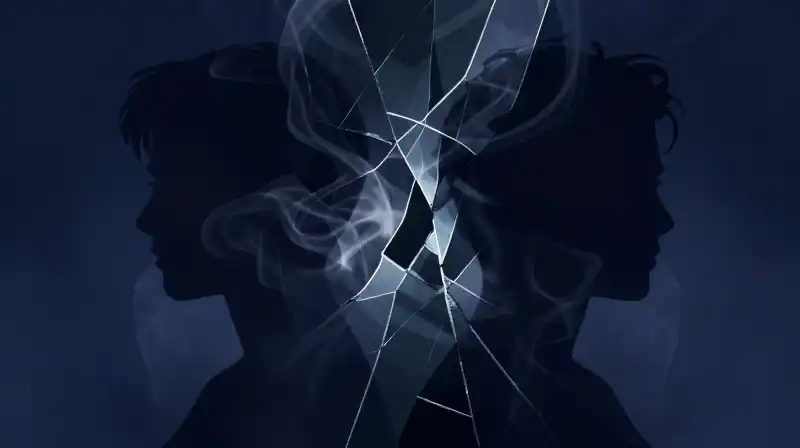 Two overlapping smoke silhouettes emerge from a fractured mirror