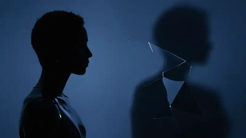 Two contrasting silhouettes stand amidst dark, atmospheric blue shadows