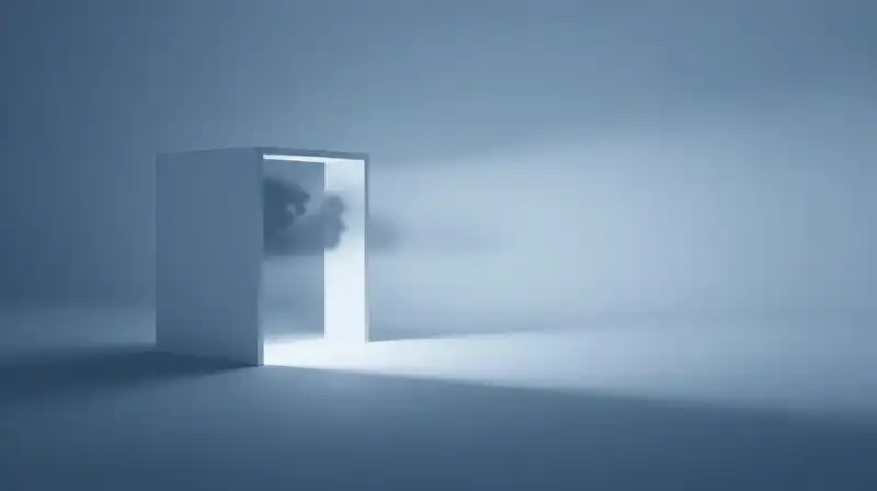 A silhouette dissolves into mist within a blue void