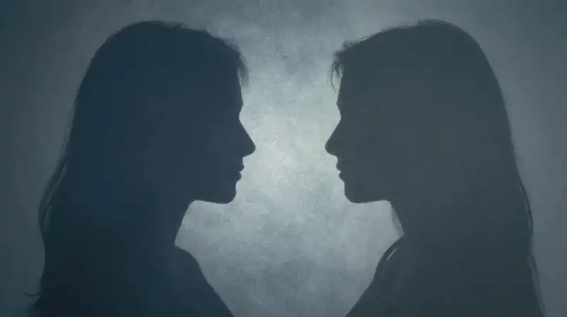 Two translucent silhouettes face each other across a shimmering mirror