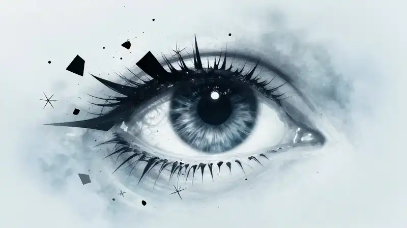 Fragmented eye silhouettes dissolve amidst blue mist and geometric needles