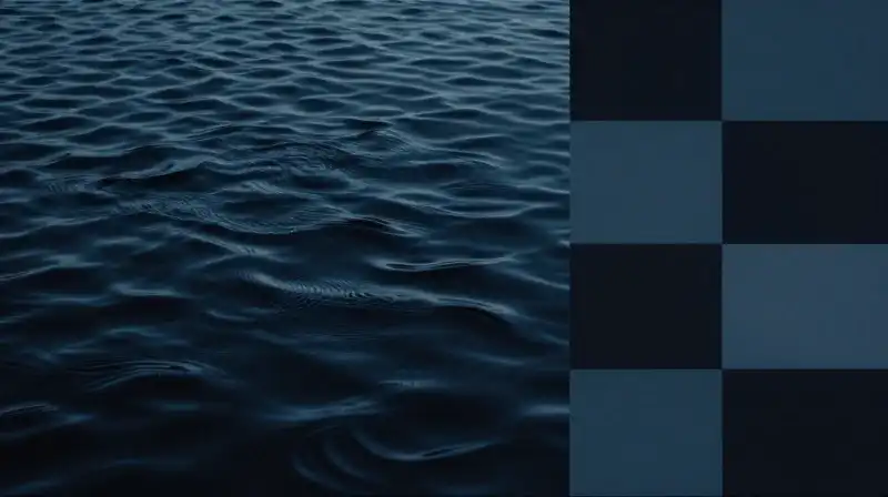 Flowing blue waves clash against rigid, dark geometric blocks