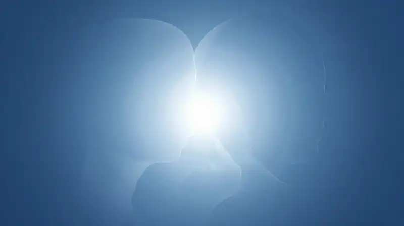 Two translucent silhouettes overlap within a soft blue space