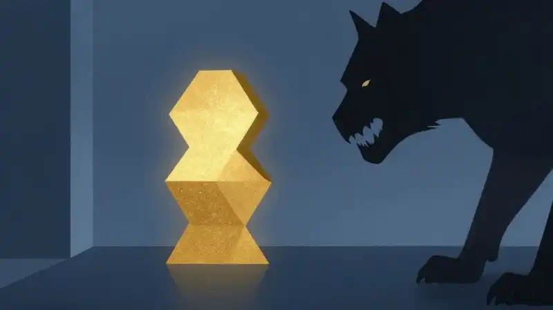 A golden geometric silhouette faces a looming dark shadow