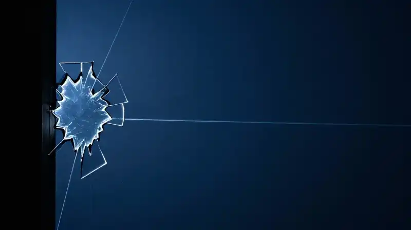 A shattering glass silhouette fades into a dark blue void