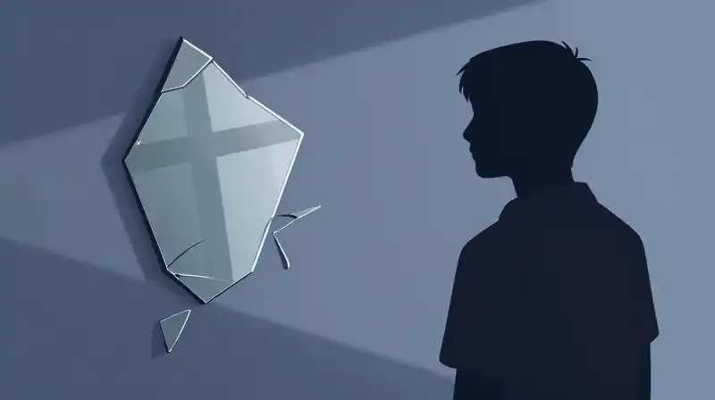 A silhouette finds peace amidst reforming mirror fragments and blue shadows
