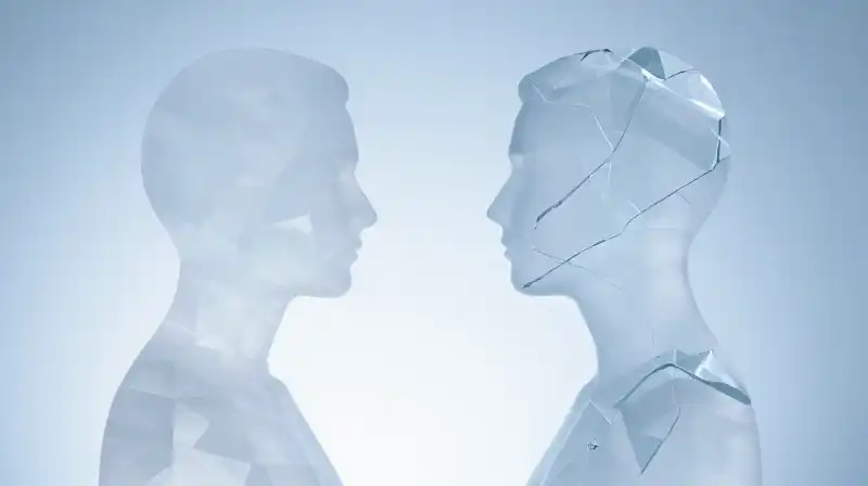 Two patterned translucent silhouettes face each other against blue