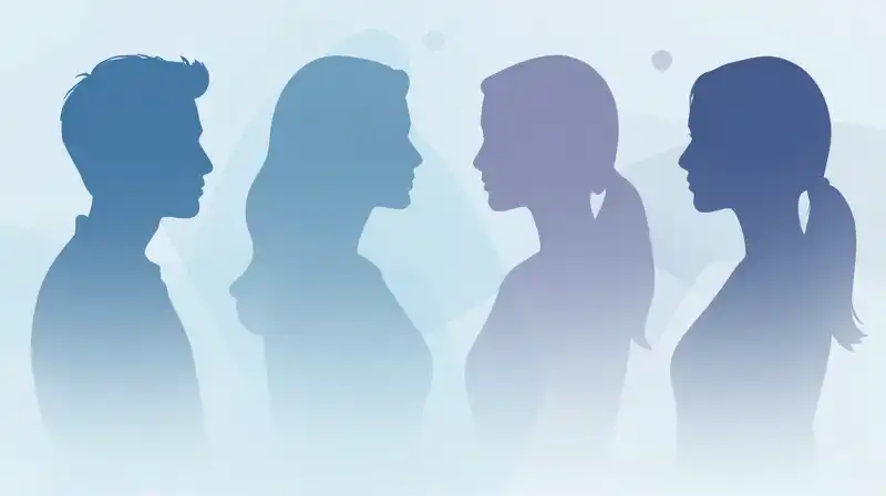 Four colored silhouettes overlap amidst soft, calming blue mist