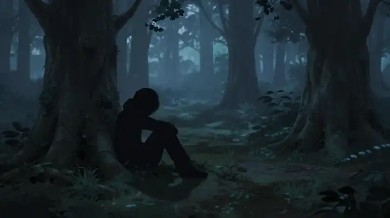 A slumped silhouette sits alone in a misty blue forest