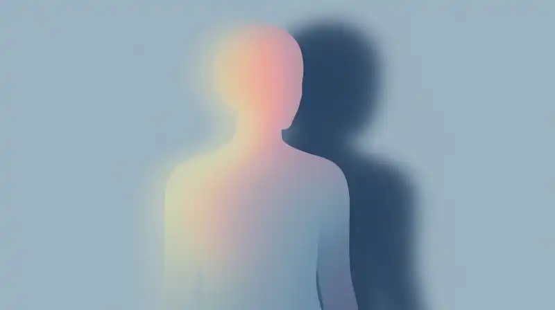 A translucent colorful figure stands beside a rigid black shadow