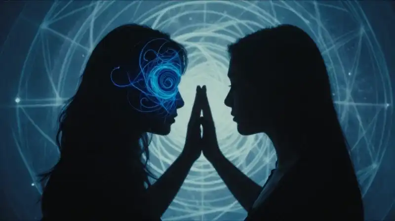 A split silhouette contains swirling blue light amidst grasping shadows