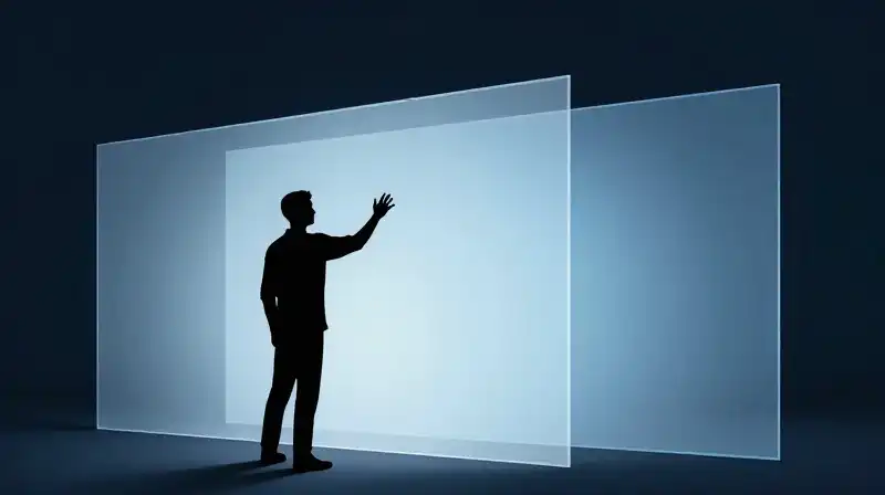 A silhouette builds a barrier of glowing geometric shields