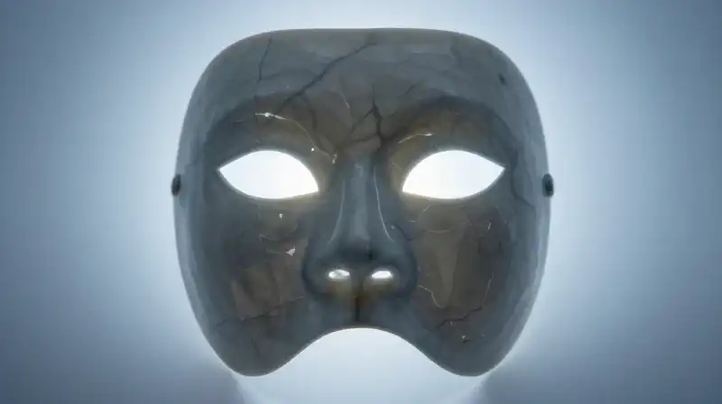 A fractured porcelain mask floats in a blue void