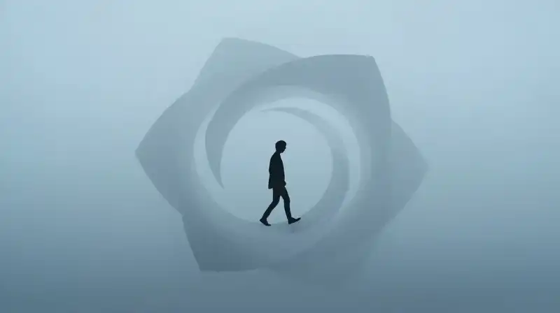 A silhouette steps from a swirling vortex into blue mist