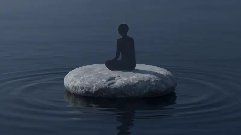 A calm silhouette transforms into a stone amidst ripples