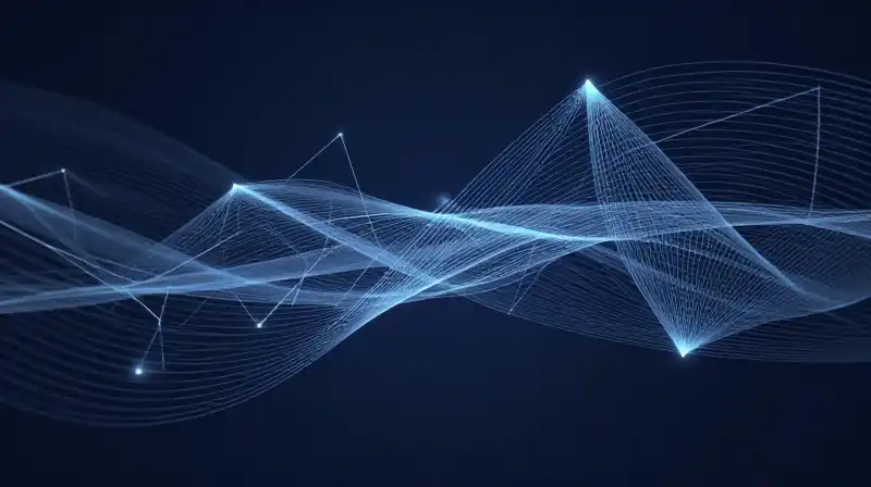 Glowing ethereal threads and geometric shapes float in deep blue